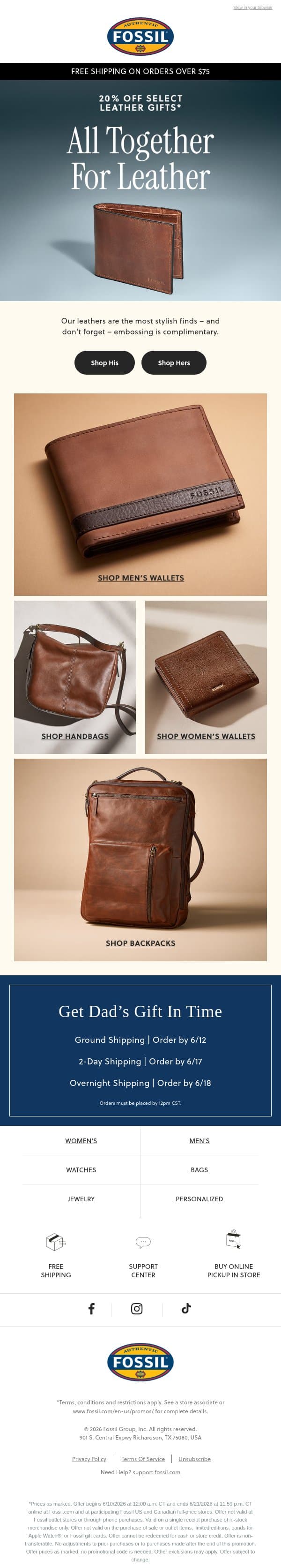A Great Call And Now 20% Off Select Styles Too! email from Fossil screenshot