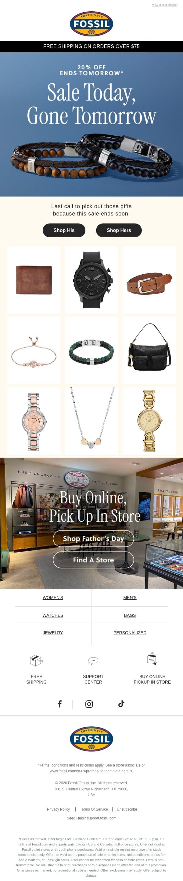 20% off select styles ends tomorrow email from Fossil screenshot
