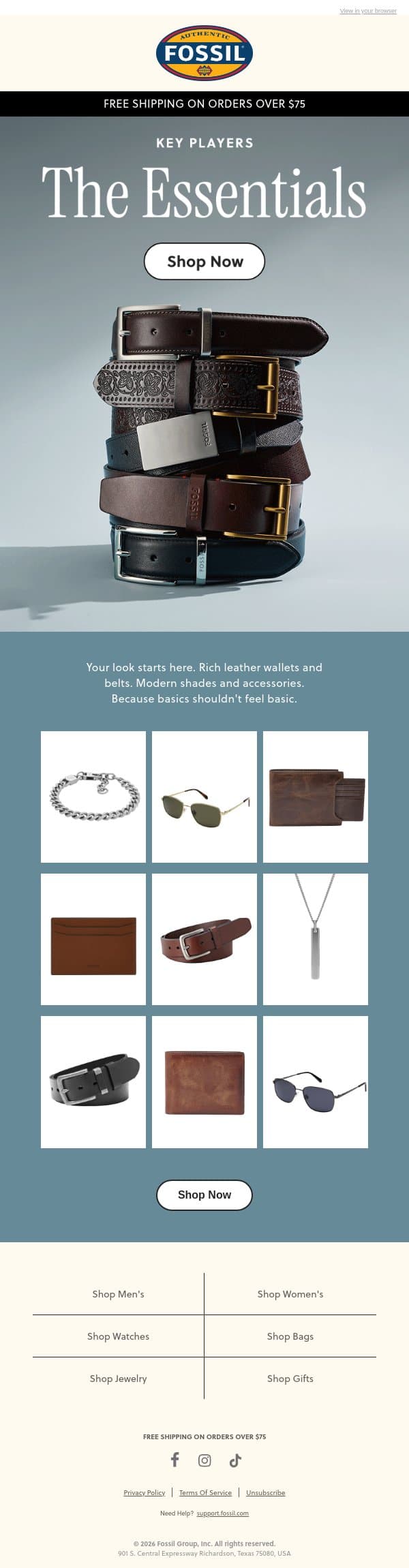 His Spring Style Essentials email from Fossil screenshot