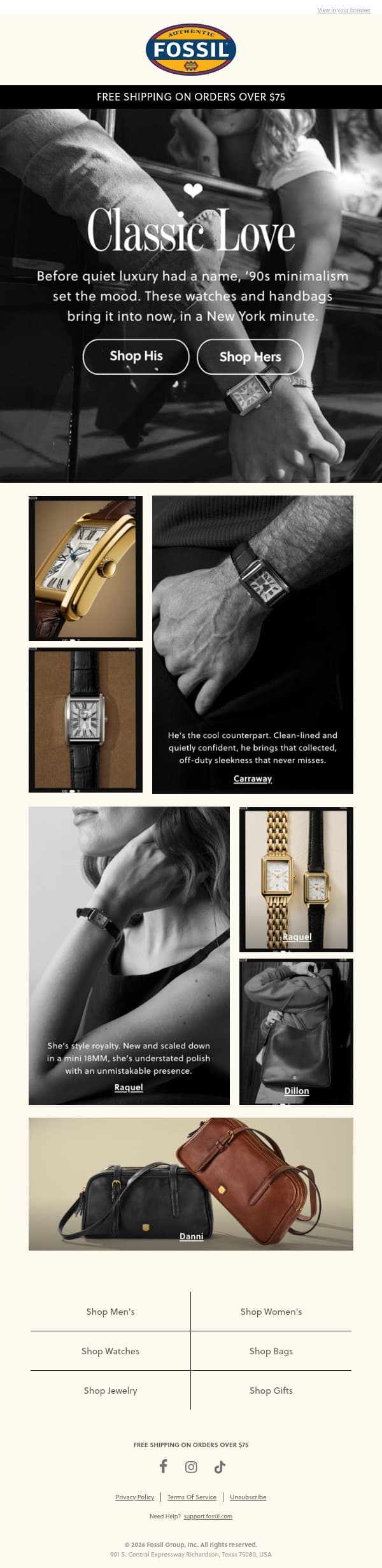 A Love Story. Starring Carraway and Raquel. email from Fossil screenshot