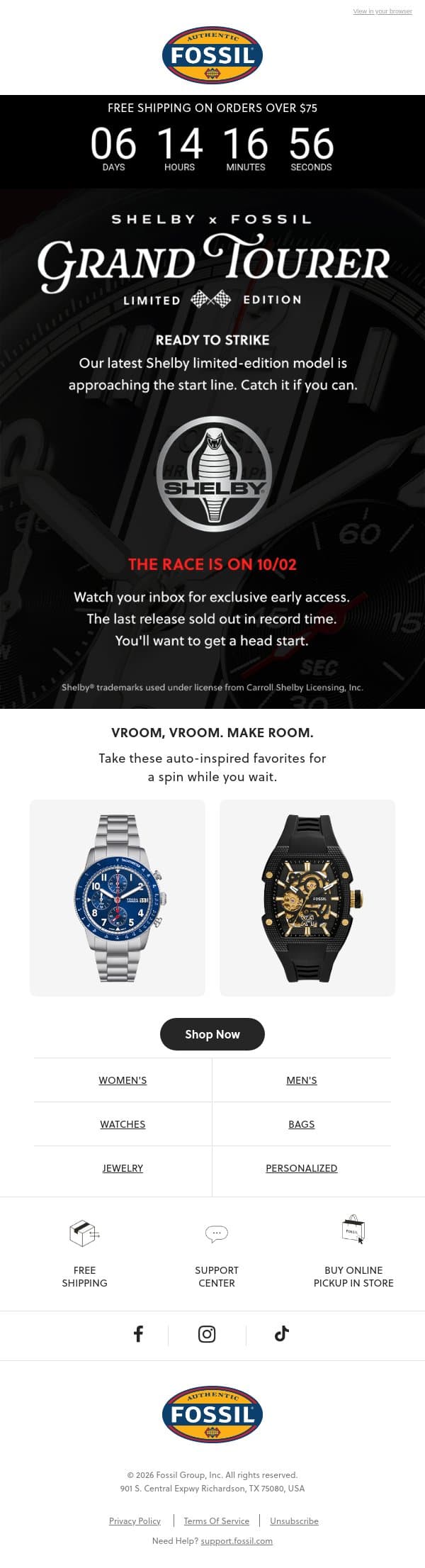 Shelby collectors, start your engines 🏁 email from Fossil screenshot