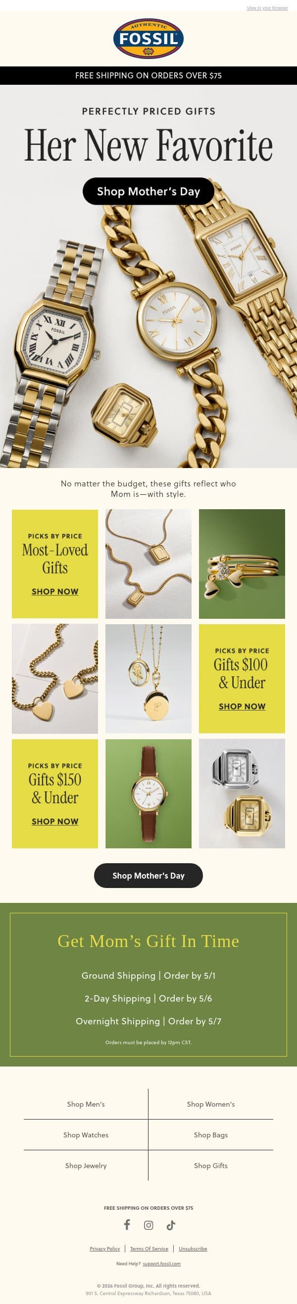 Inside: Perfect Gifts For Mom email from Fossil screenshot