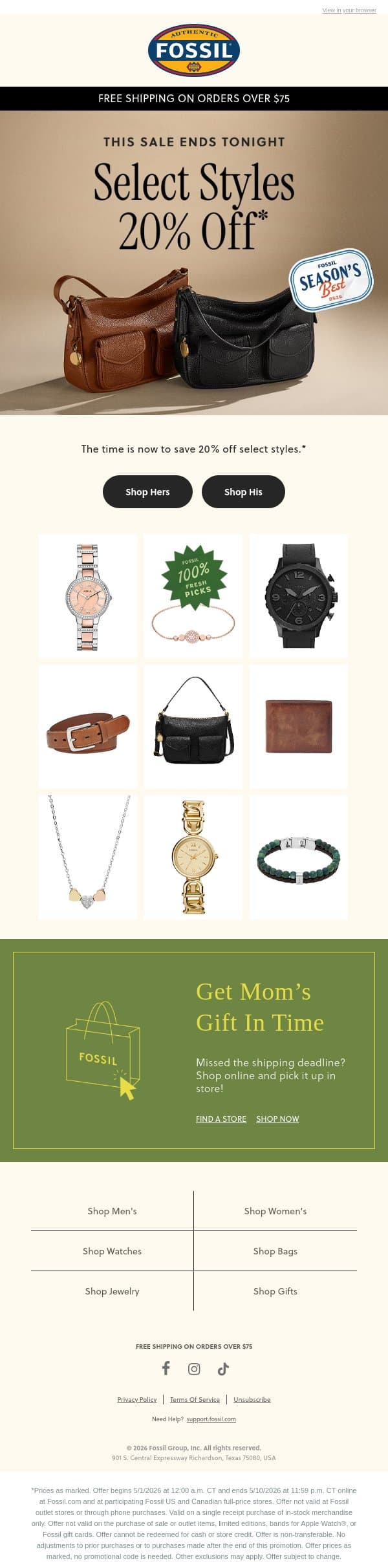 Ending: 20% Off Select Styles email from Fossil screenshot