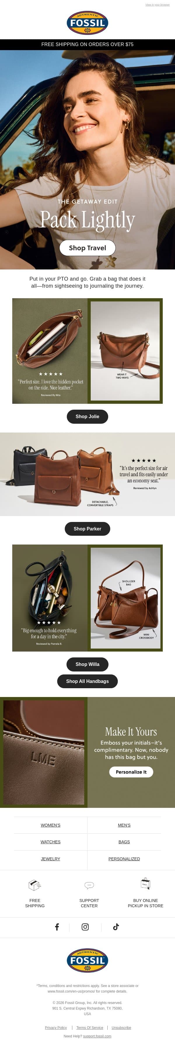 Your Summer Trip Is In The Bag 🎒 email from Fossil screenshot
