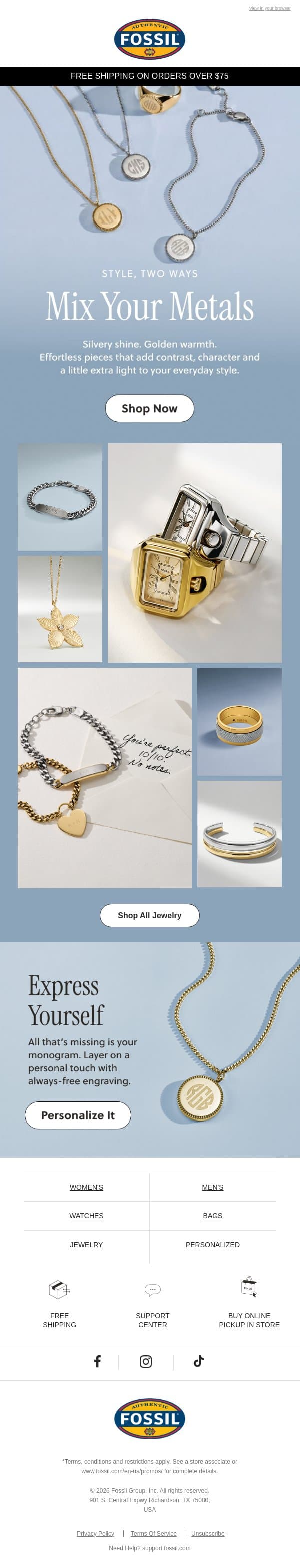Silver 🤝 golden 🩶 Why choose? email from Fossil screenshot
