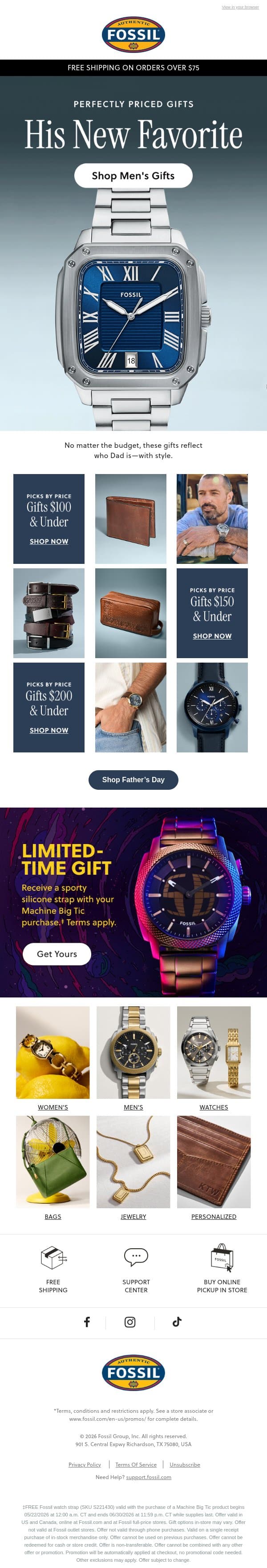 Inside: Perfect Gifts For Dad email from Fossil screenshot