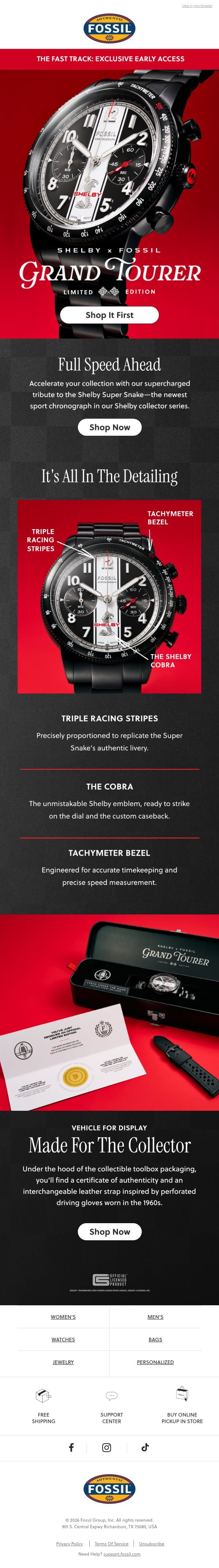The race is on for Shelby x Fossil 🏁 email from Fossil screenshot