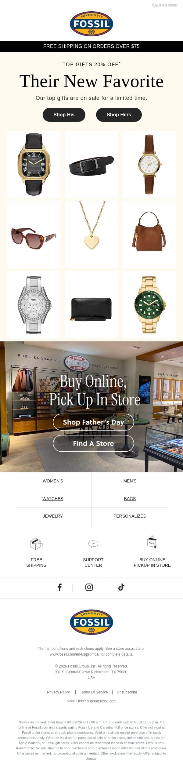 Don't Forget: Select Styles Now 20% Off email from Fossil screenshot