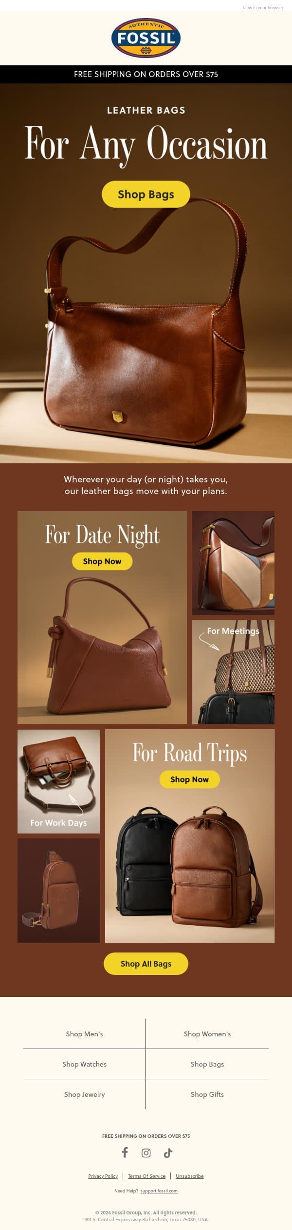 Any Time, Any Place email from Fossil screenshot