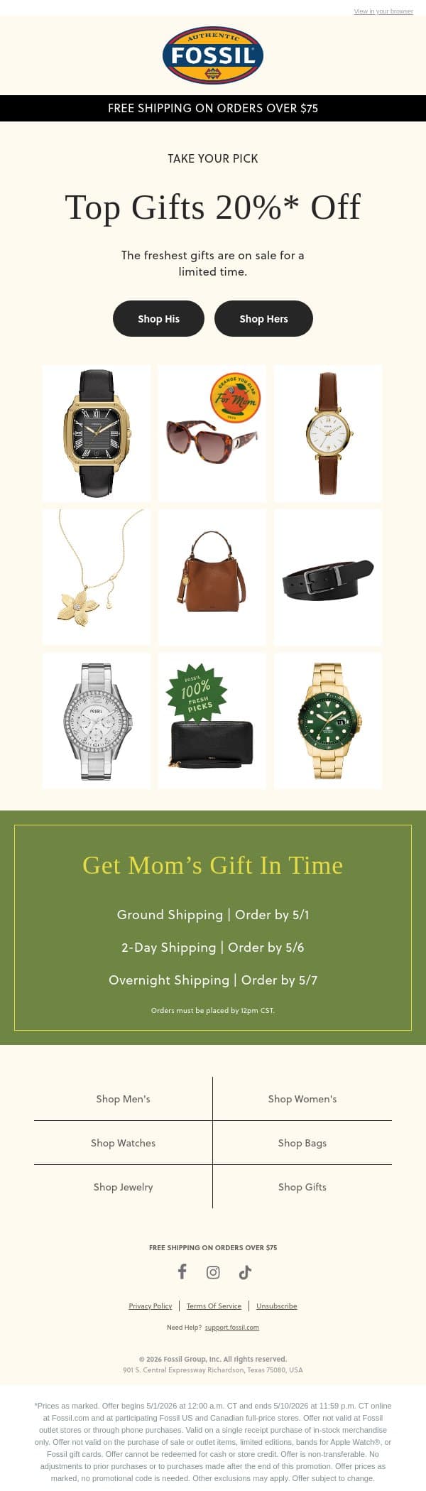 Inside: Fresh Gifts For Everyone email from Fossil screenshot