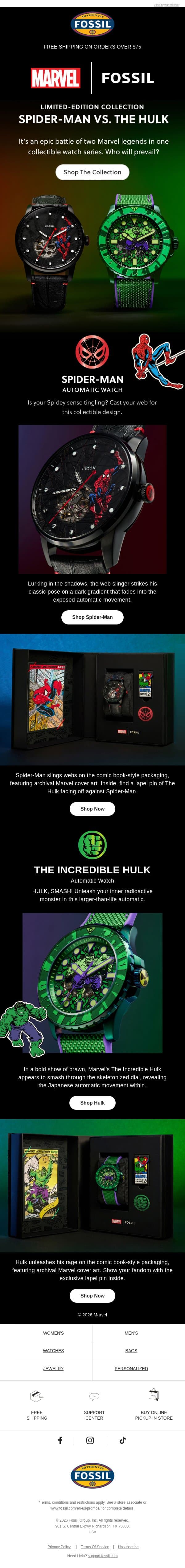 🕷️Two Marvel Heroes. One Limited-Edition Drop. 👊 email from Fossil screenshot