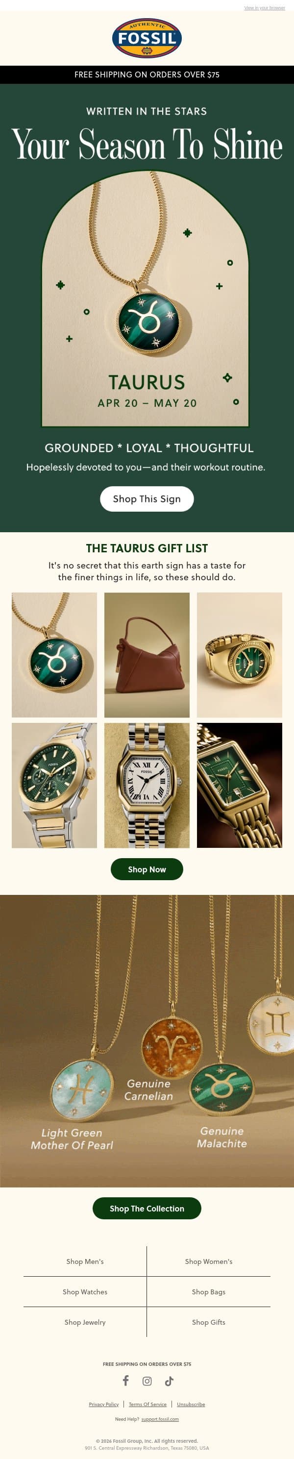♉ It's Taurus Season email from Fossil screenshot