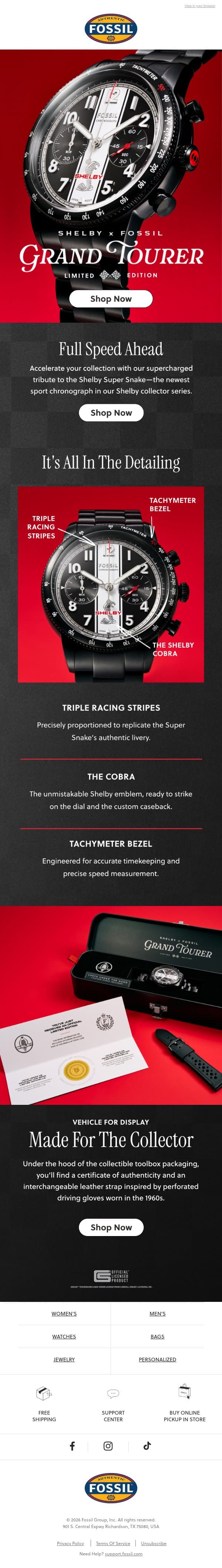 Full speed ahead for Shelby x Fossil 🏁 email from Fossil screenshot