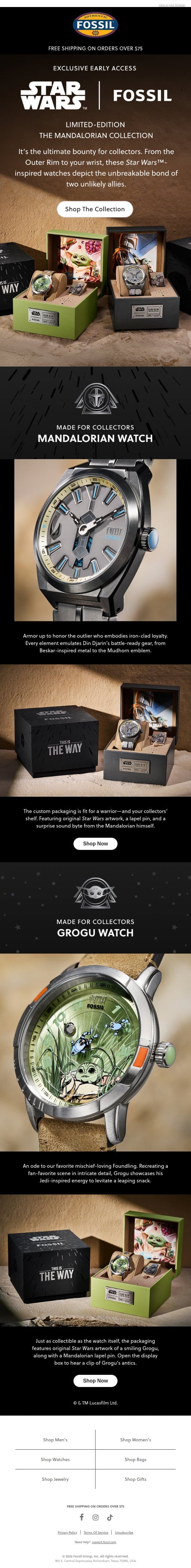 EARLY ACCESS: The Mandalorian Collection email from Fossil screenshot