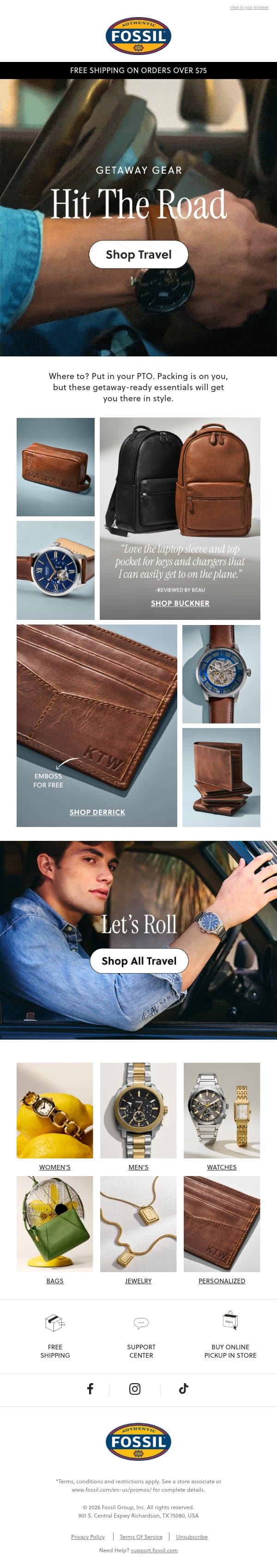 His summer packing list 🎒 email from Fossil screenshot