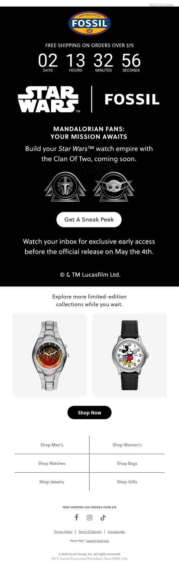Landing Soon...The Mandalorian email from Fossil screenshot