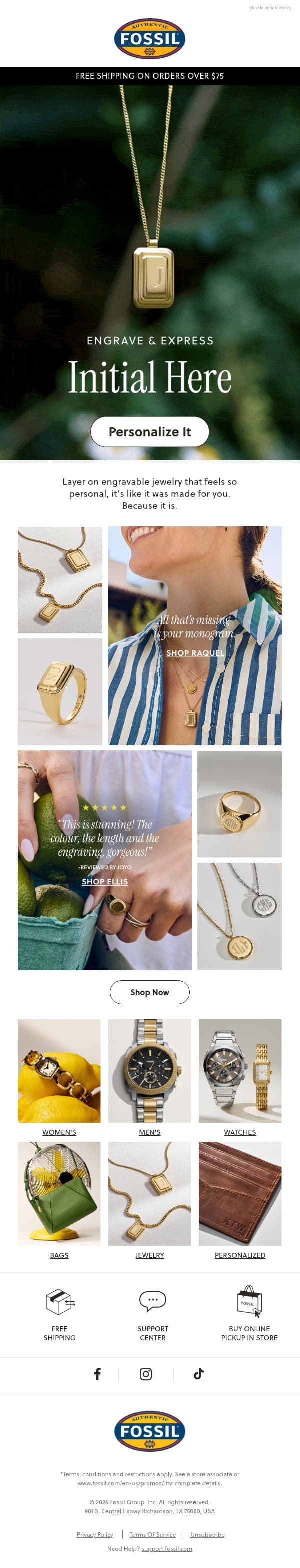 Jewelry that says something ✍️ email from Fossil screenshot