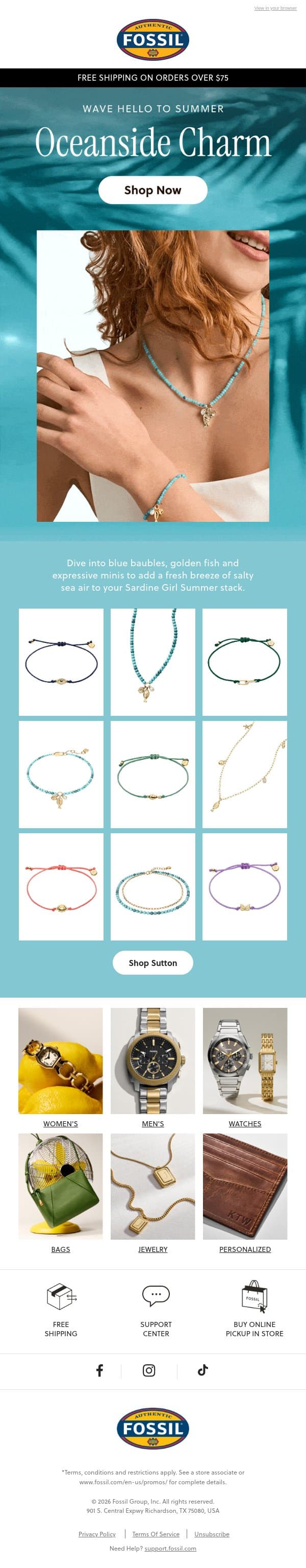 Inside: Sun, Sand, and New Charms email from Fossil screenshot
