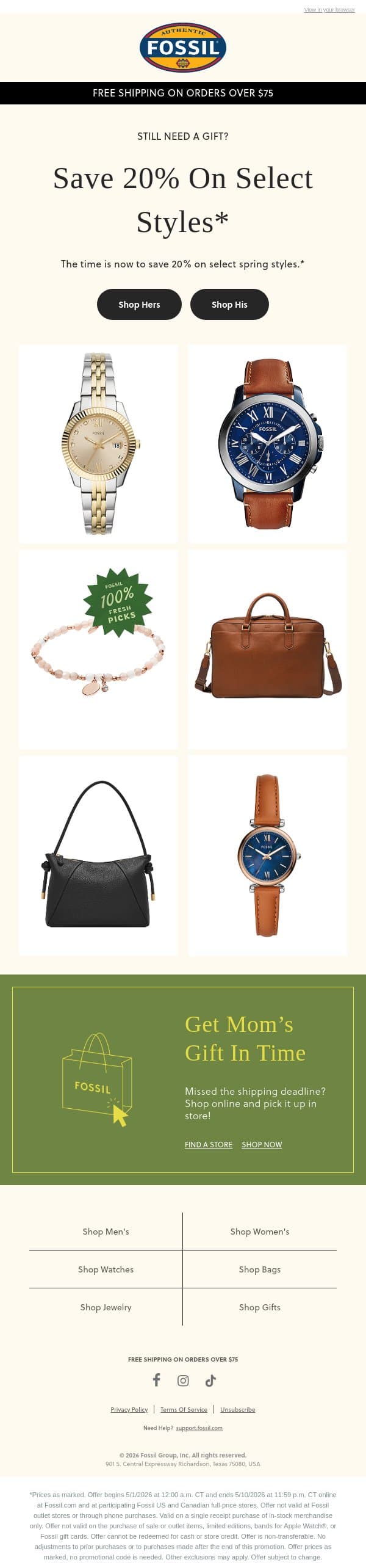 Hurry: 20% Off Select Styles For All email from Fossil screenshot