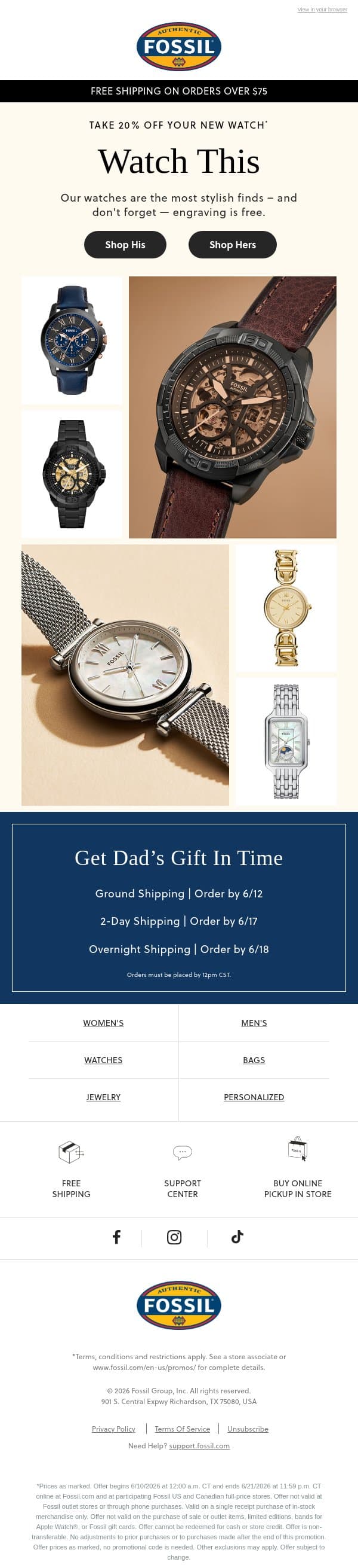 Take Your Pick With 20% Off Select Styles email from Fossil screenshot