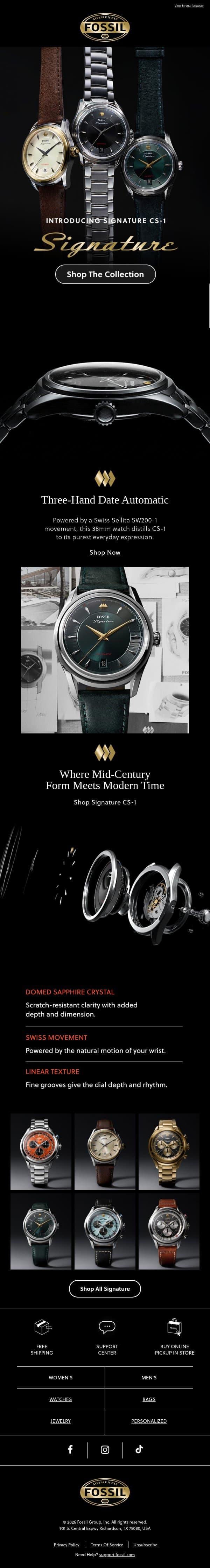 Meet The CS-1 Three-Hand Date Automatic email from Fossil screenshot
