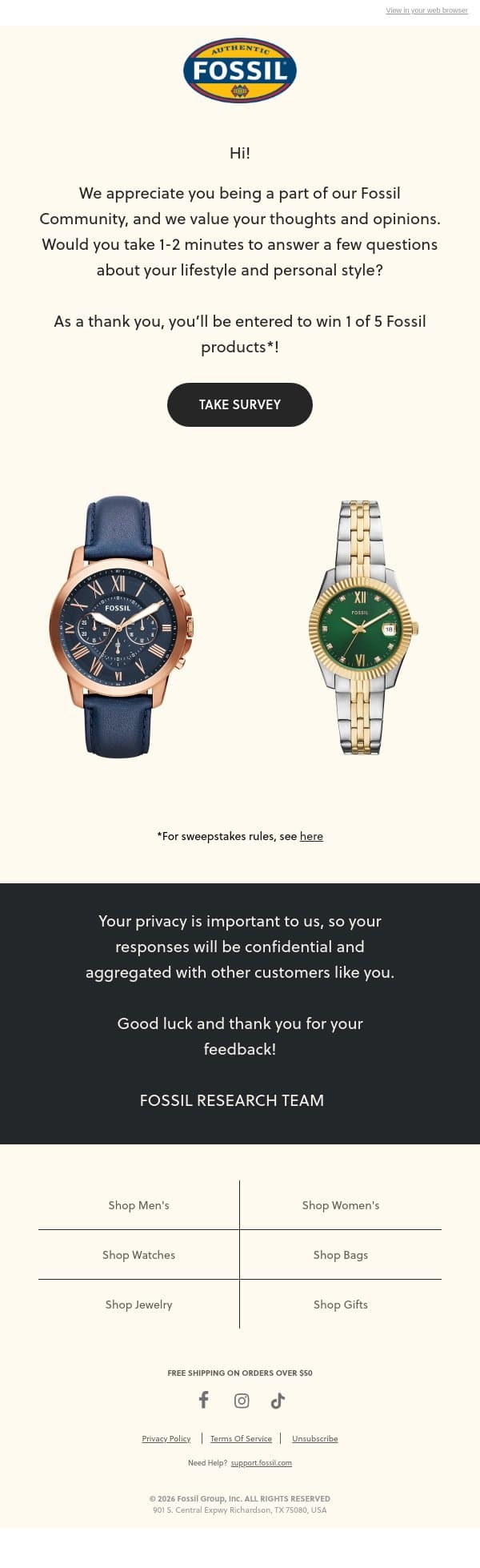 Take our style survey & you could win a Fossil product. email from Fossil screenshot