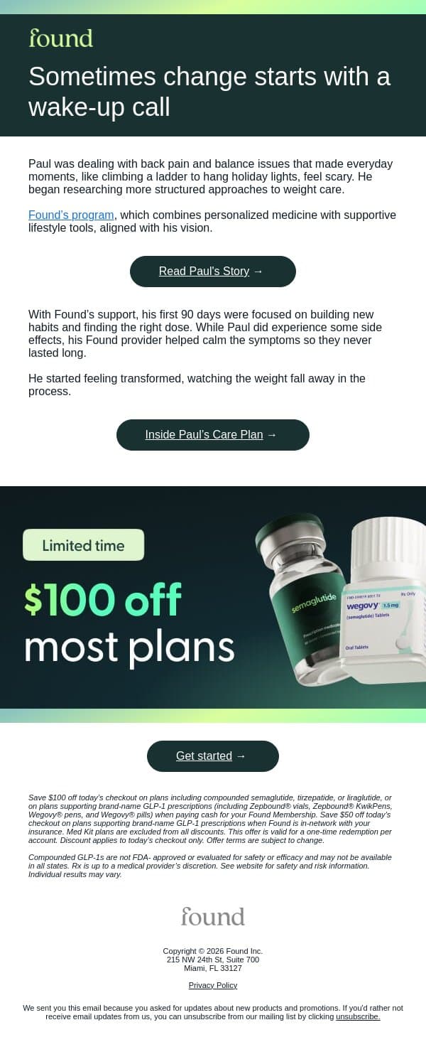 Paul’s first 90 days on Wegovy® email from Found screenshot