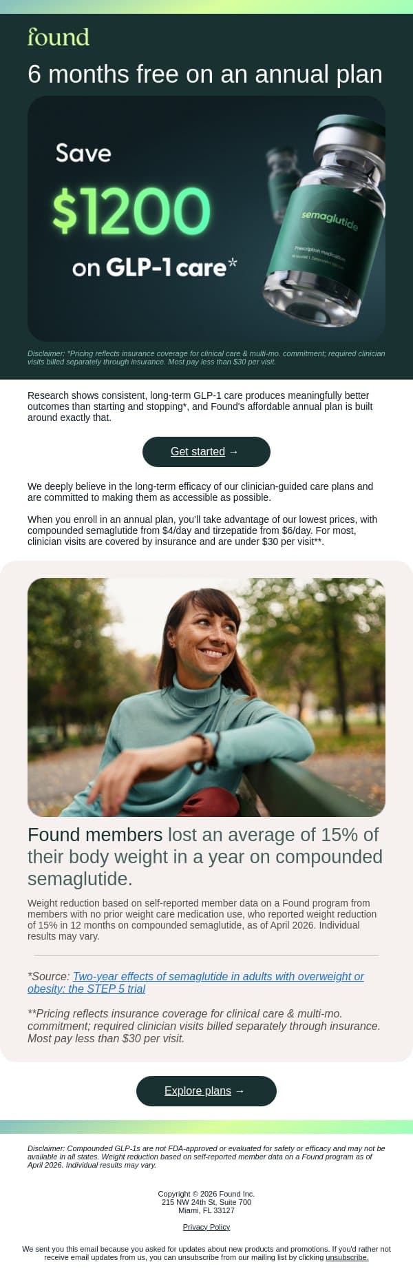 Dont's miss 6 months of semaglutide, free email from Found screenshot