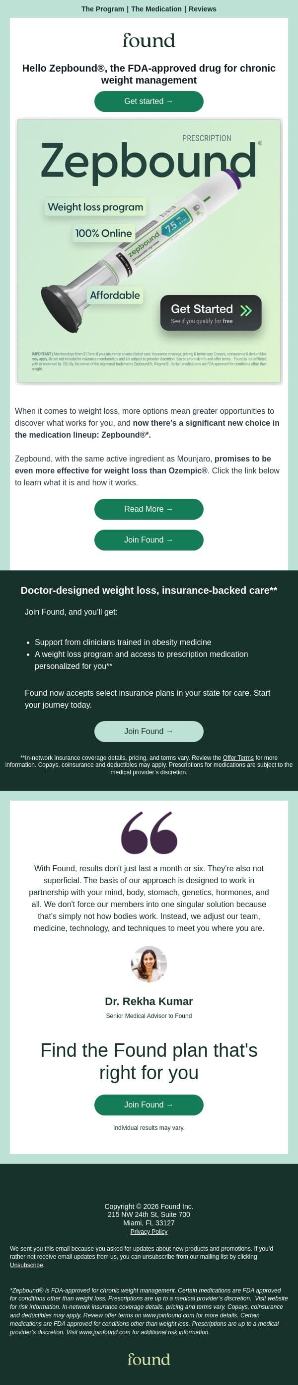 Our verdict: Taking Zepbound® for weight loss email from Found screenshot