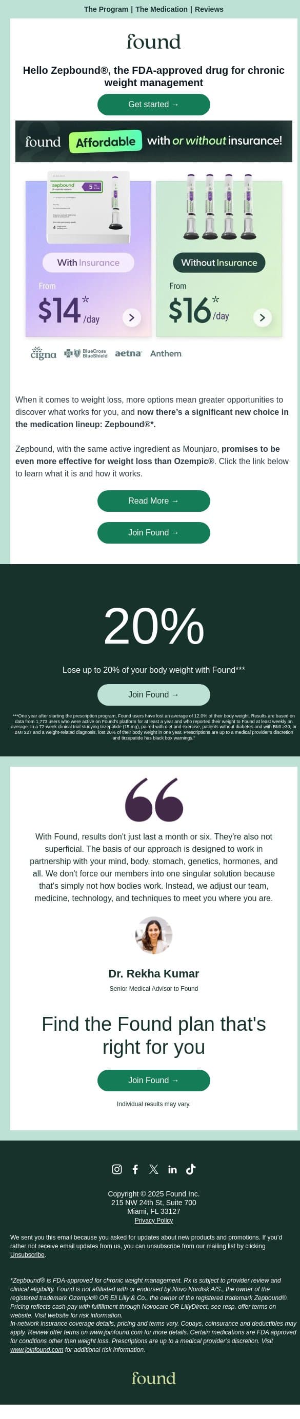Discover Zepbound® - from $14 per day w/insurance and $16 per day without! email from Found screenshot