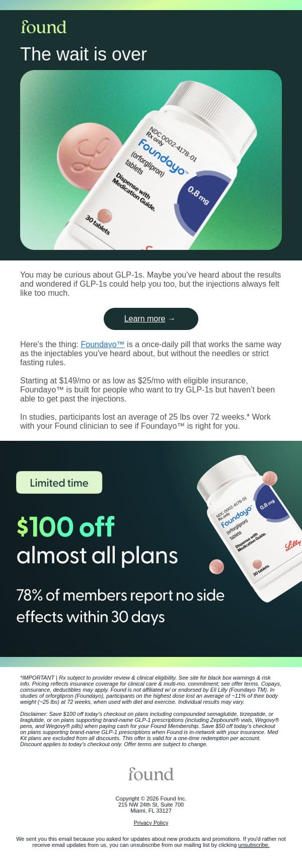 Finally! A no-needle GLP-1 pill email from Found screenshot