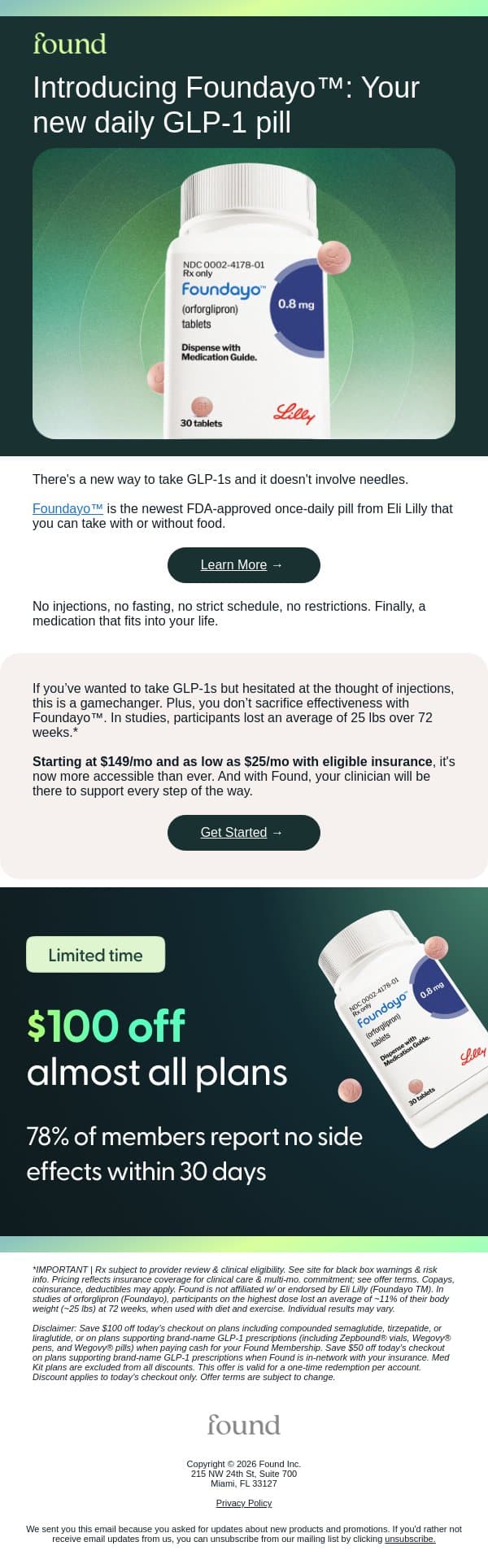 Foundayo™, a new no-needles GLP-1 email from Found screenshot