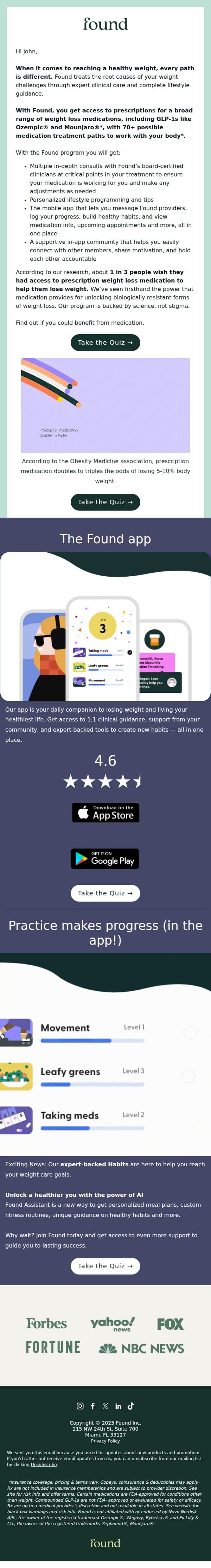 Found tackles the root cause of your weight challenges. email from Found screenshot