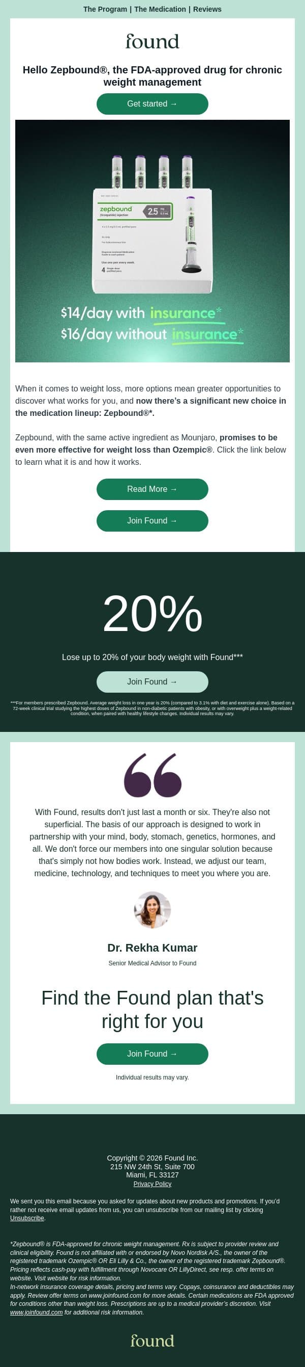 Hello Zepbound® - Clinically Proven. As Low as $14/Day. email from Found screenshot
