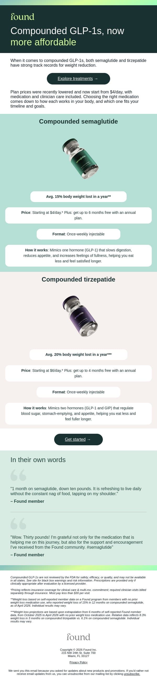 Semaglutide or tirzepatide, more affordable than ever email from Found screenshot