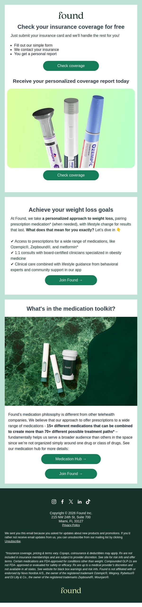 Important Update: We can now check your insurance coverage for GLP-1s email from Found screenshot