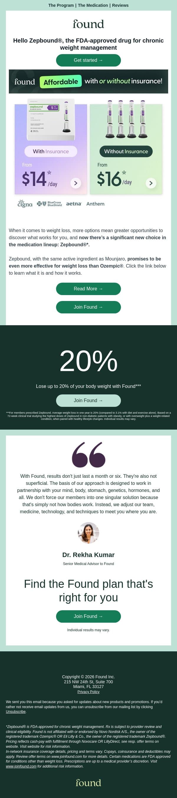 Explore Zepbound® pricing options email from Found screenshot