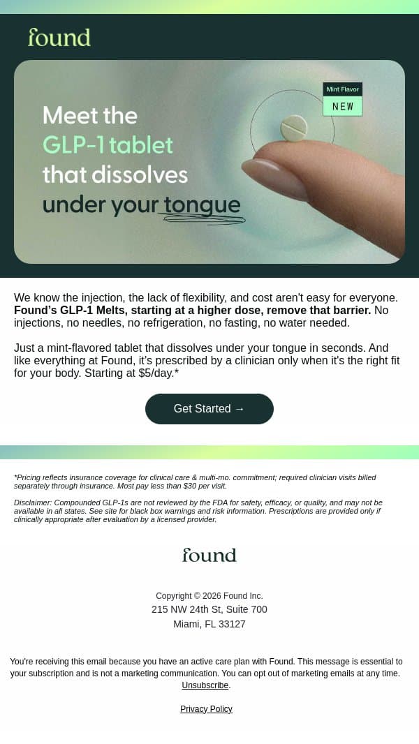 We heard you. No needles, no fridge. Take it anywhere. email from Found screenshot