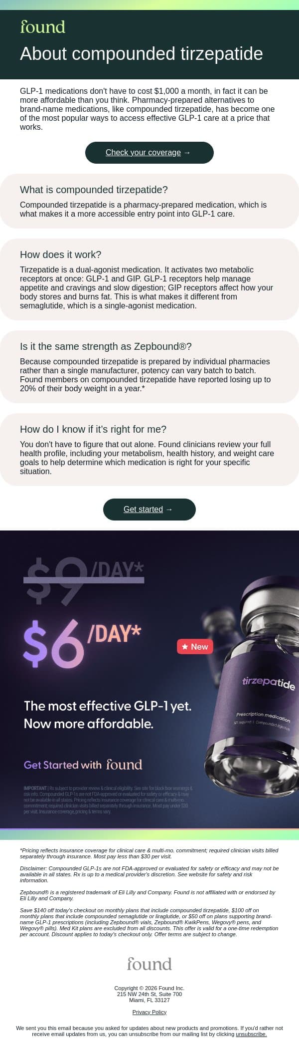 What makes compounded tirzepatide different email from Found screenshot