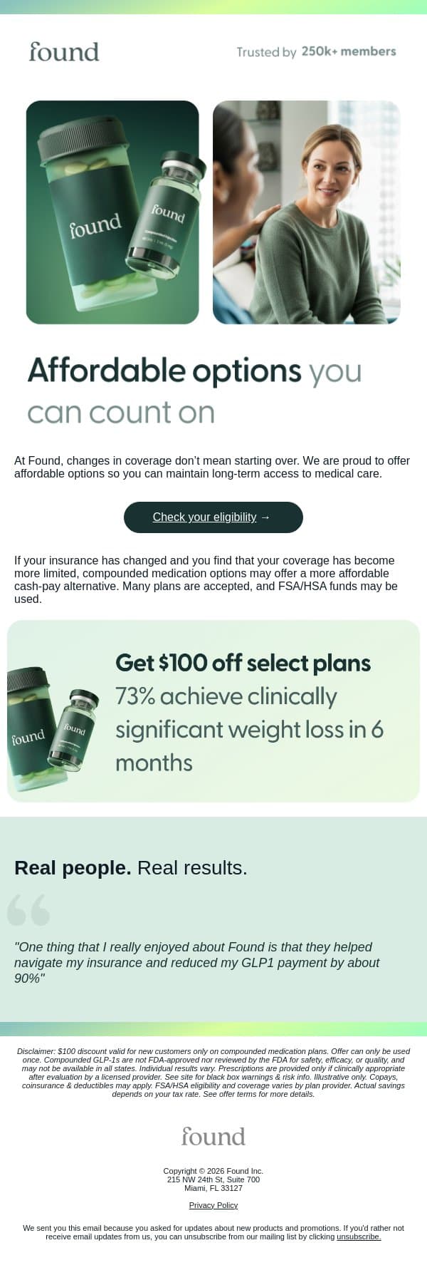 If your insurance changed, you still have options (and $100 off) email from Found screenshot