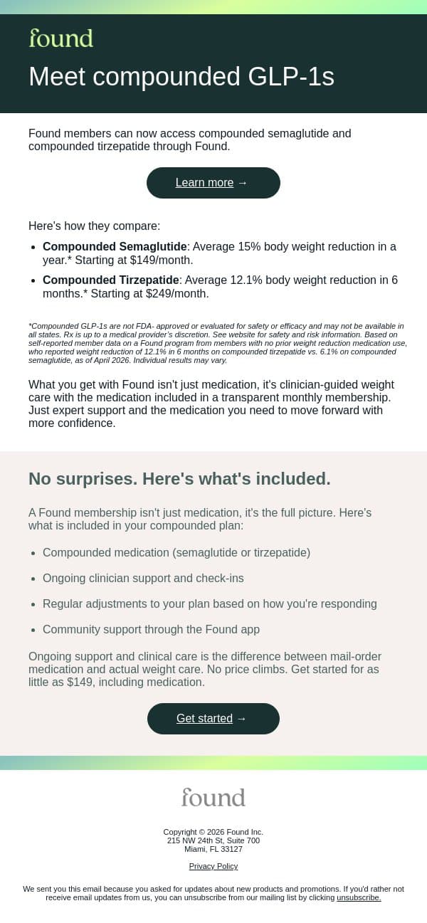 Compare affordable weight care options email from Found screenshot