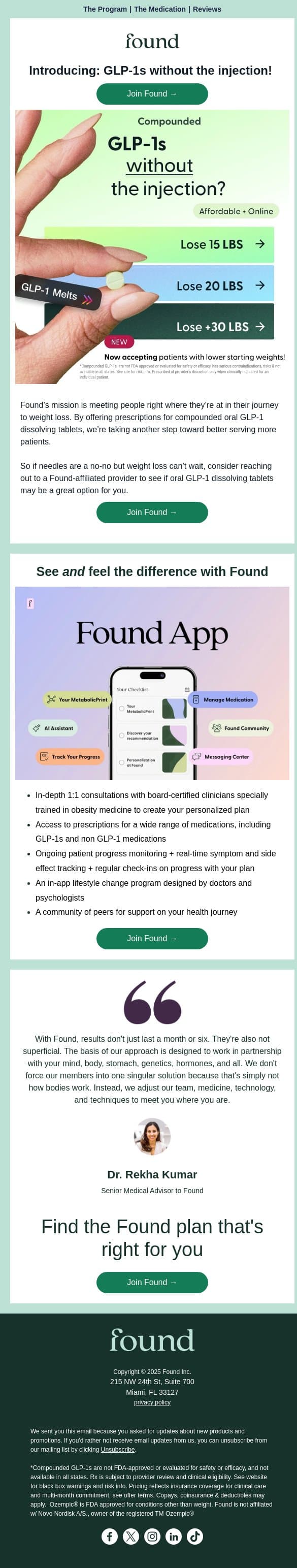 GLP-1s ...but make it a dissolvable tablet 💊 email from Found screenshot