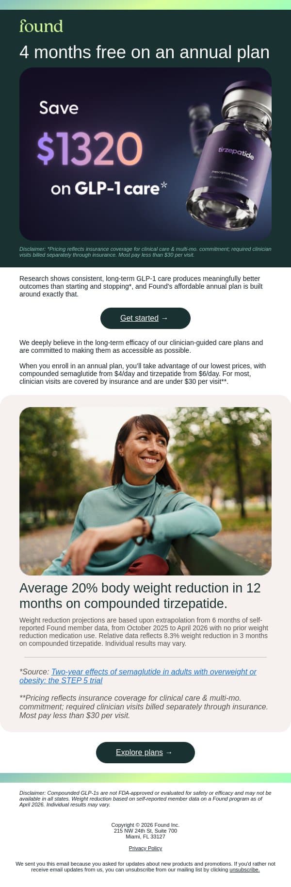 4 months of tirzepatide on us email from Found screenshot
