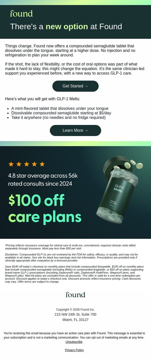 GLP-1 Melts, a dissolvable tablet at a higher starting dose email from Found screenshot