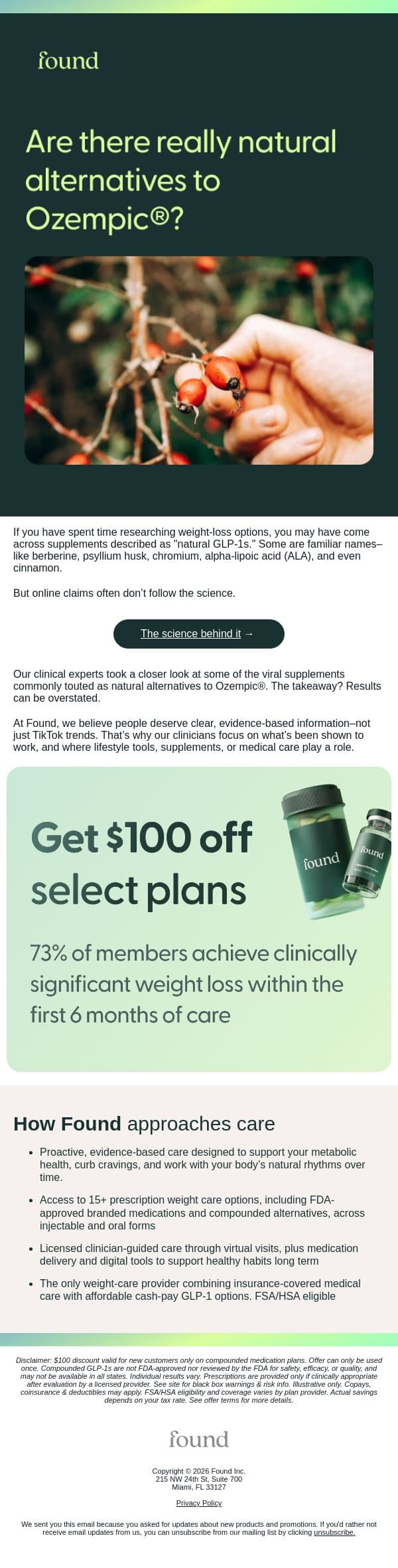 Are “natural Ozempic alternatives” the real deal? email from Found screenshot