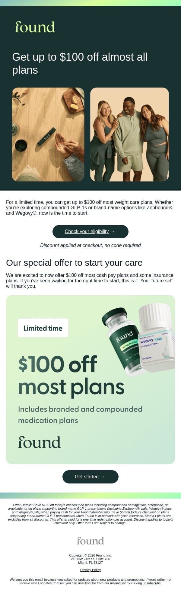 Just dropped: Up to $100 off almost all plans email from Found screenshot