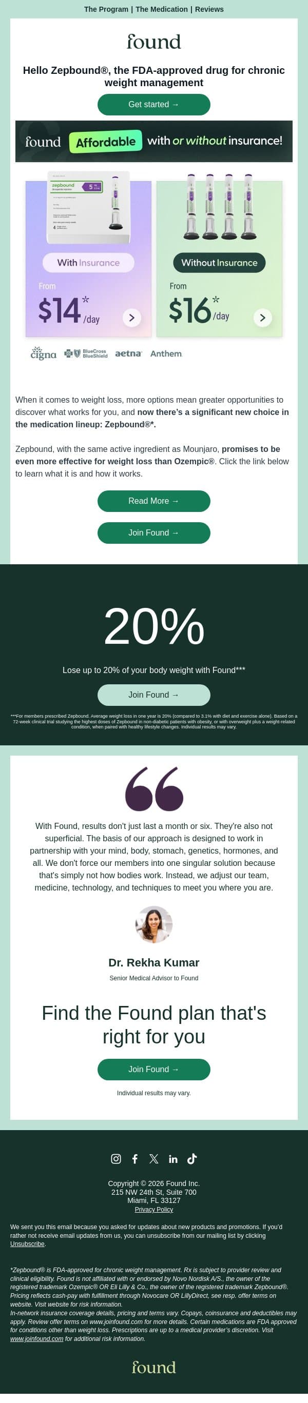 Learn about Zepbound® pricing options email from Found screenshot