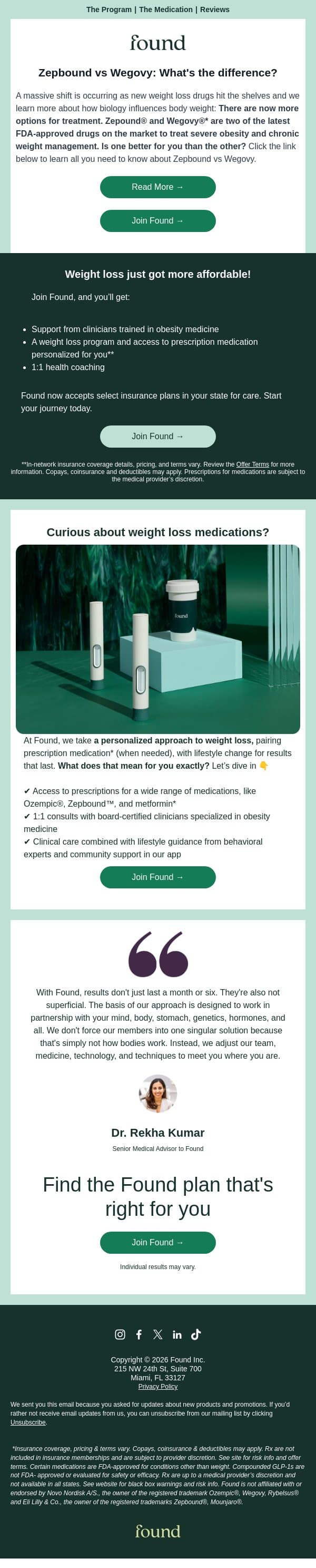 Zepbound vs Wegovy: What's the difference? email from Found screenshot