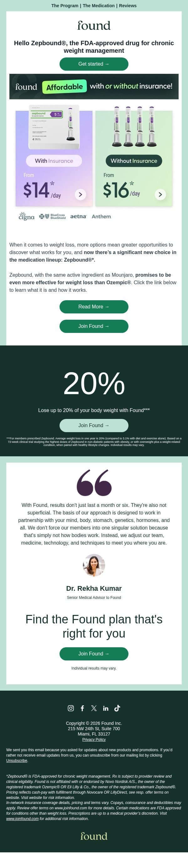 Zepbound® access with flexible options email from Found screenshot