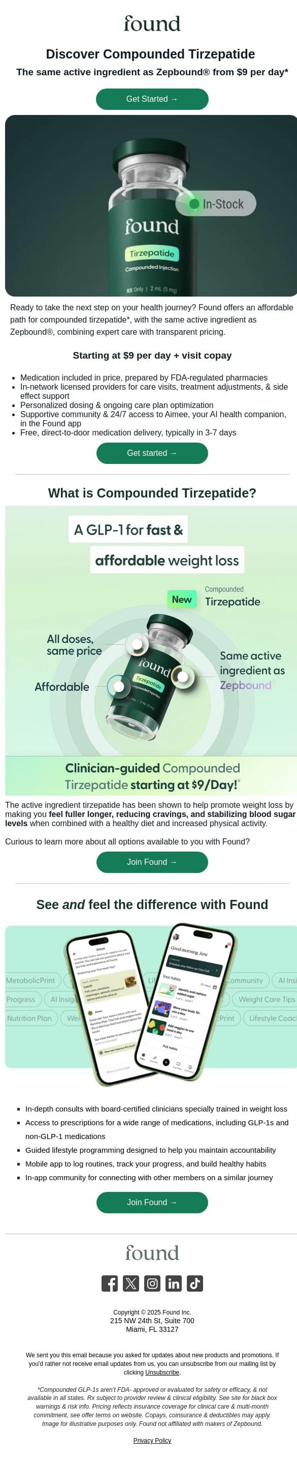 Introducing Compounded Tirzepatide for Weight Loss email from Found screenshot